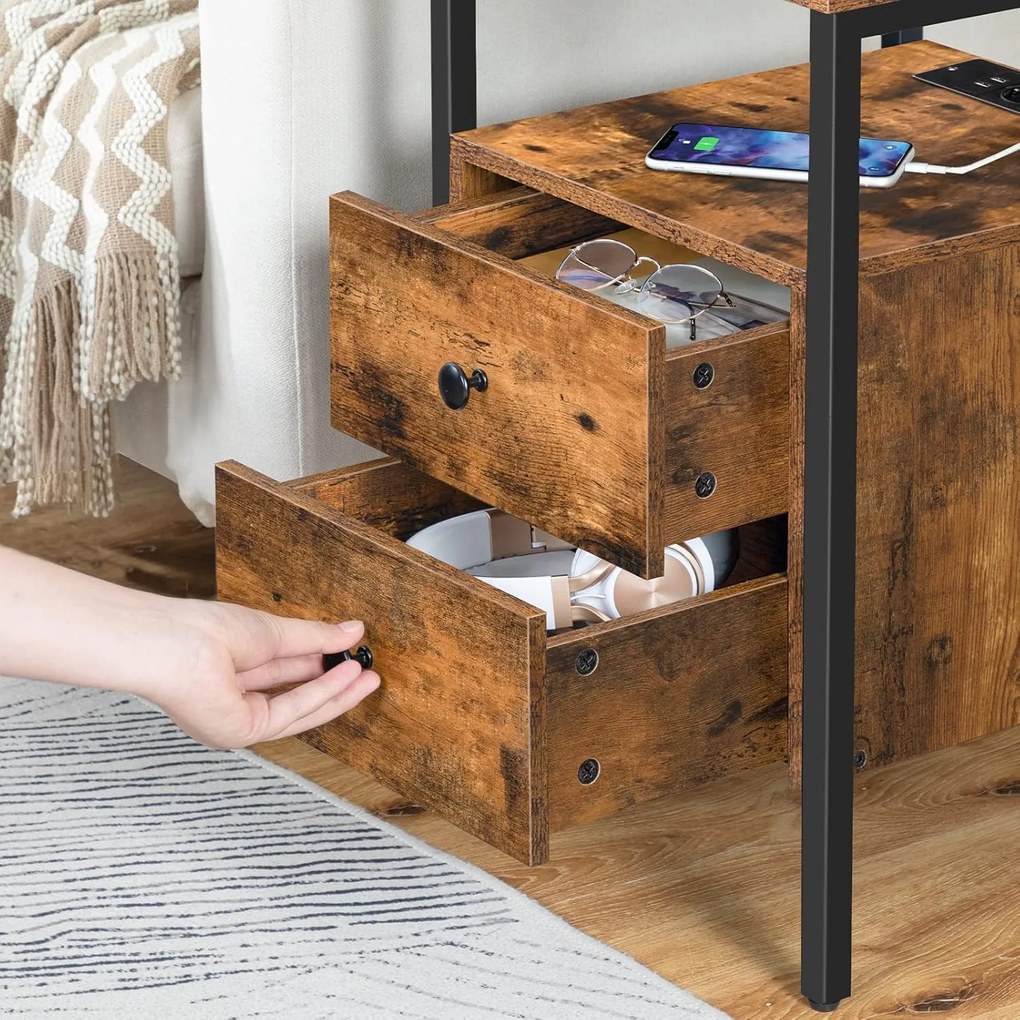 Noční stolek Vasagle Jungo 40 cm s nabíjecí stanicí hnědý/černý
