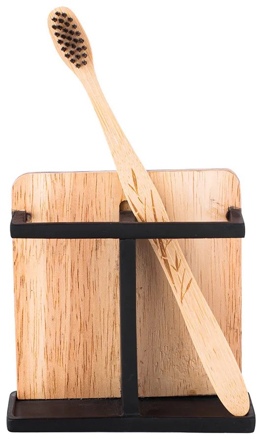 Držiak na zubné kefky a pastu, minimalistický stojan drevo+kov