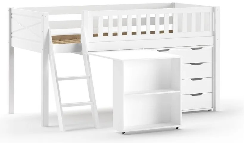 Detská vyvýšená postel Scott so stolíkom a komodou biela 90x200cm