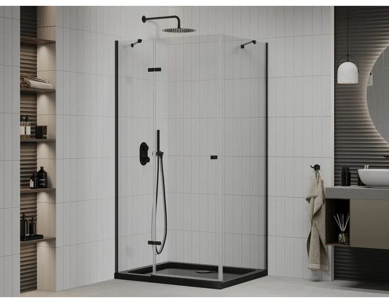 Mexen Roma, sprchovací kút s 1-krídlovými dverami 80 (dvere) x 120 (stena) cm, 6mm číre sklo, čierny profil, slim sprchová vanička 5cm čierna s čiernym sifónom, 854-080-120-70-00-4070B