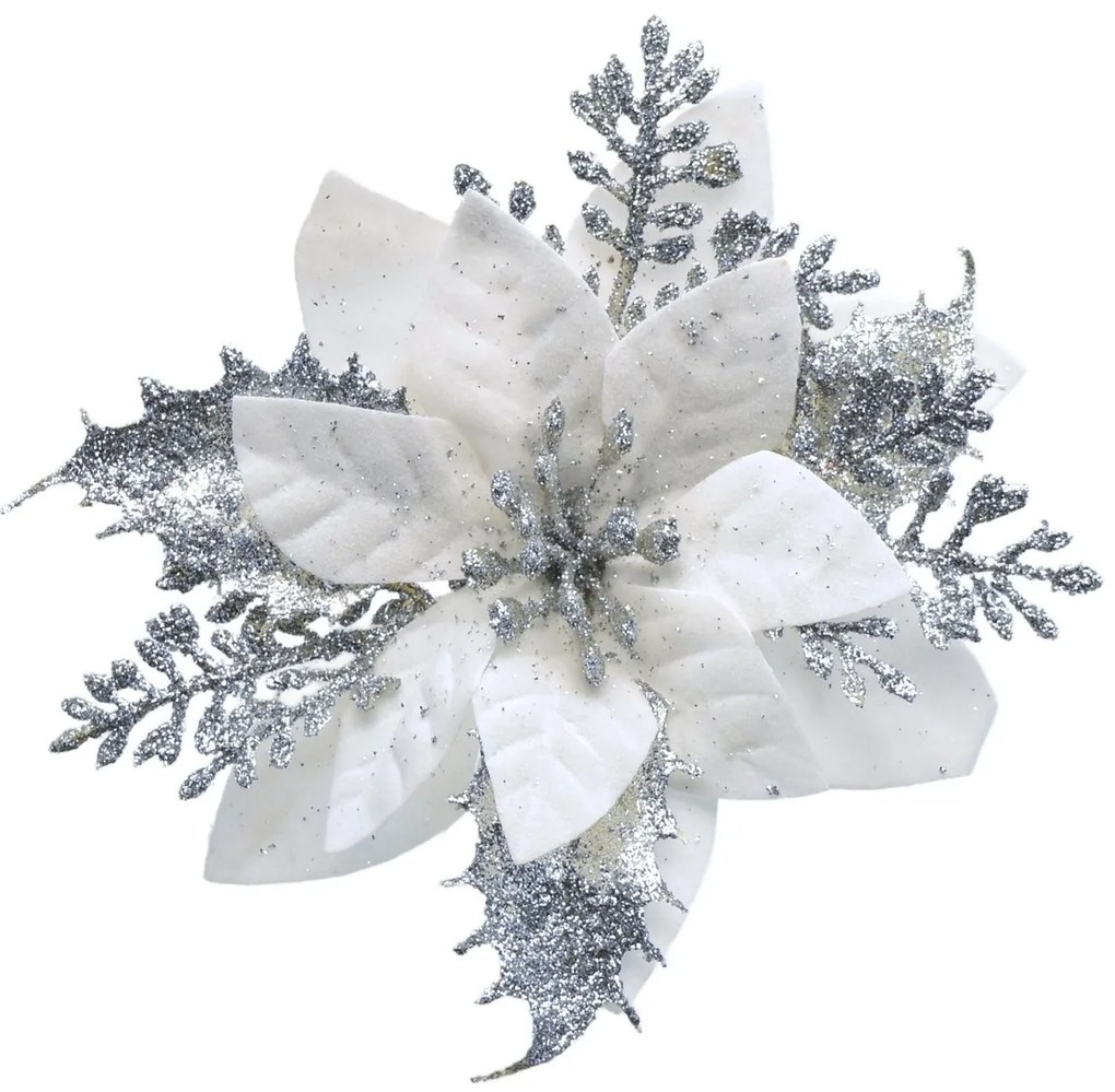 Vianočná dekorácia Poinsettia so štipcom strieborná, sada 6 ks