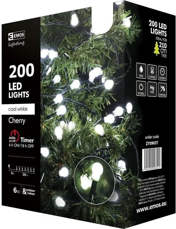 ZY0903T vianočné reťaz CHERRY 200LED studená biela IP44 20m + časovač