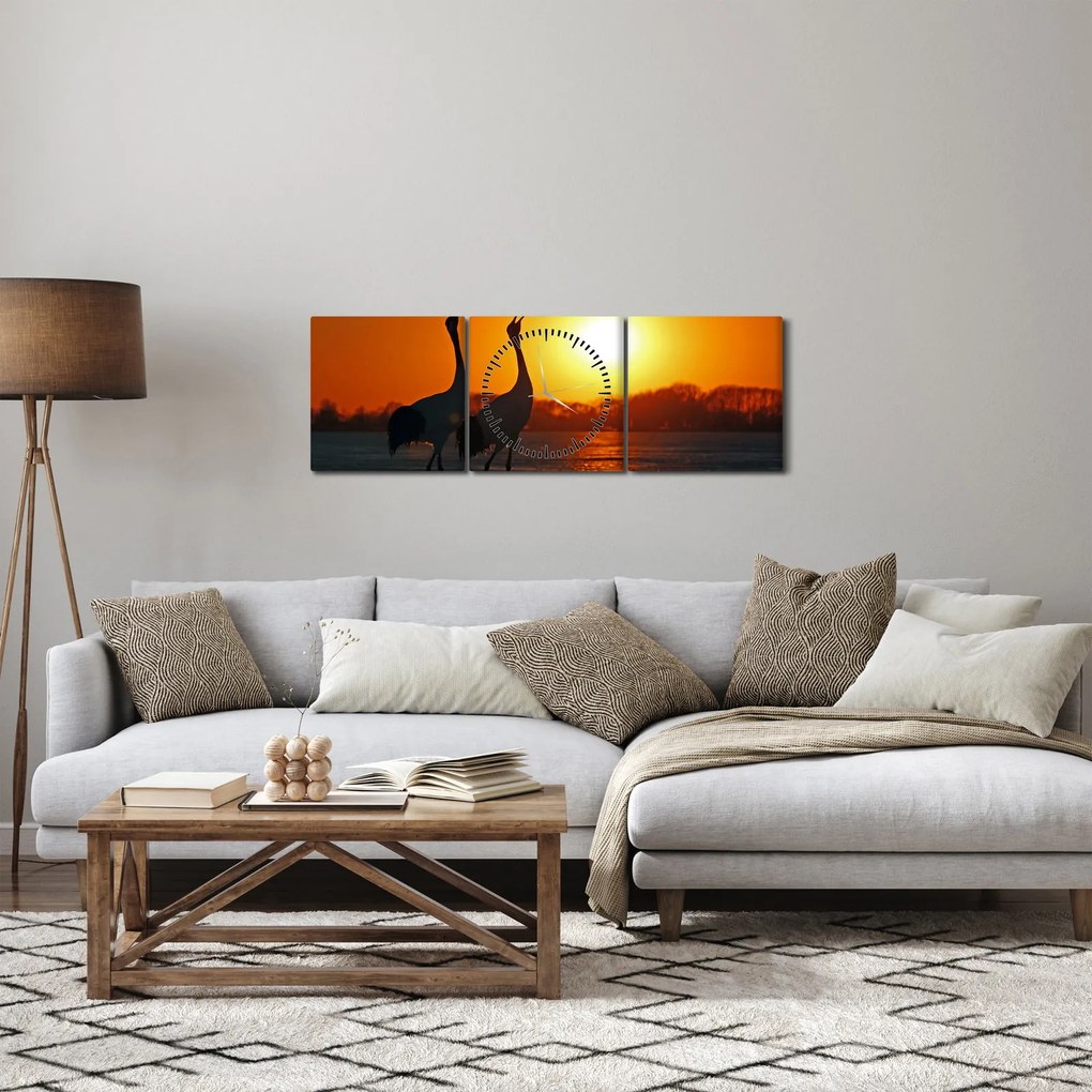 Obraz vtákov pri západe slnka (s hodinami) (90x30 cm)
