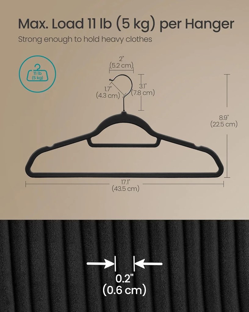 SONGMICS zamatové vešiaky, 50 kusová sada vešiakov na oblečenie, atramentovo čierna