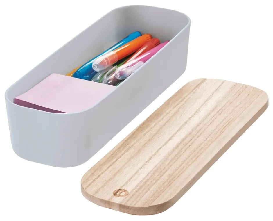 Sivý úložný box s vekom z dreva paulownia iDesign Eco, 9 x 27,5 cm