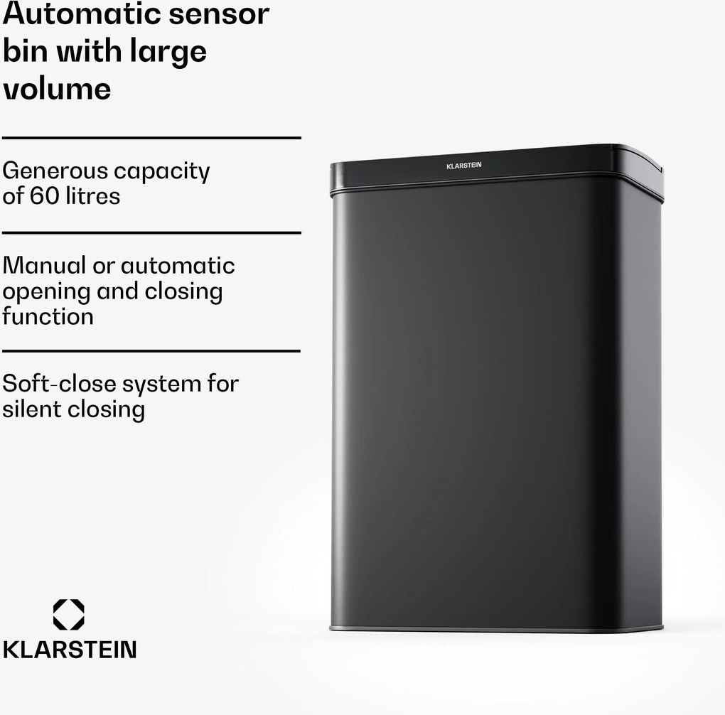 Klarstein Touchless, senzorový odpadkový kôš, 60 l, z nehrdzavejúcej ocele, Soft-Close zatváranie, napájaný batériou, LED displej, časovač