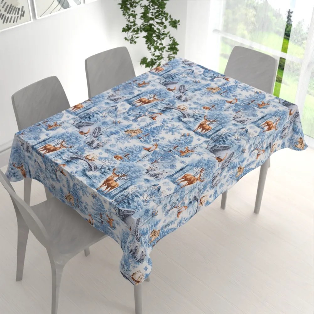 Biante Bavlnený obdĺžnikový obrus Sandra SA-674 Lesné zvieratá v zimnom lese na modrom 50x100 cm
