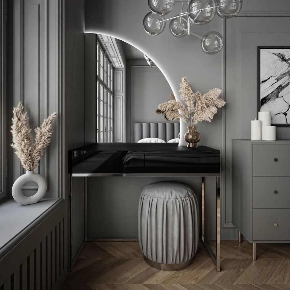 TOALETNÝ STOLÍK EMELINE ČIERNY LESK + CHRÓM LED ZRKADLO PRAVÉ