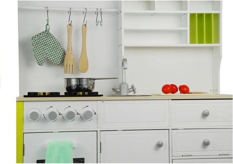 LEAN Toys Detská drevená kuchyňa Zelená a biela Paula Otváracie prvky