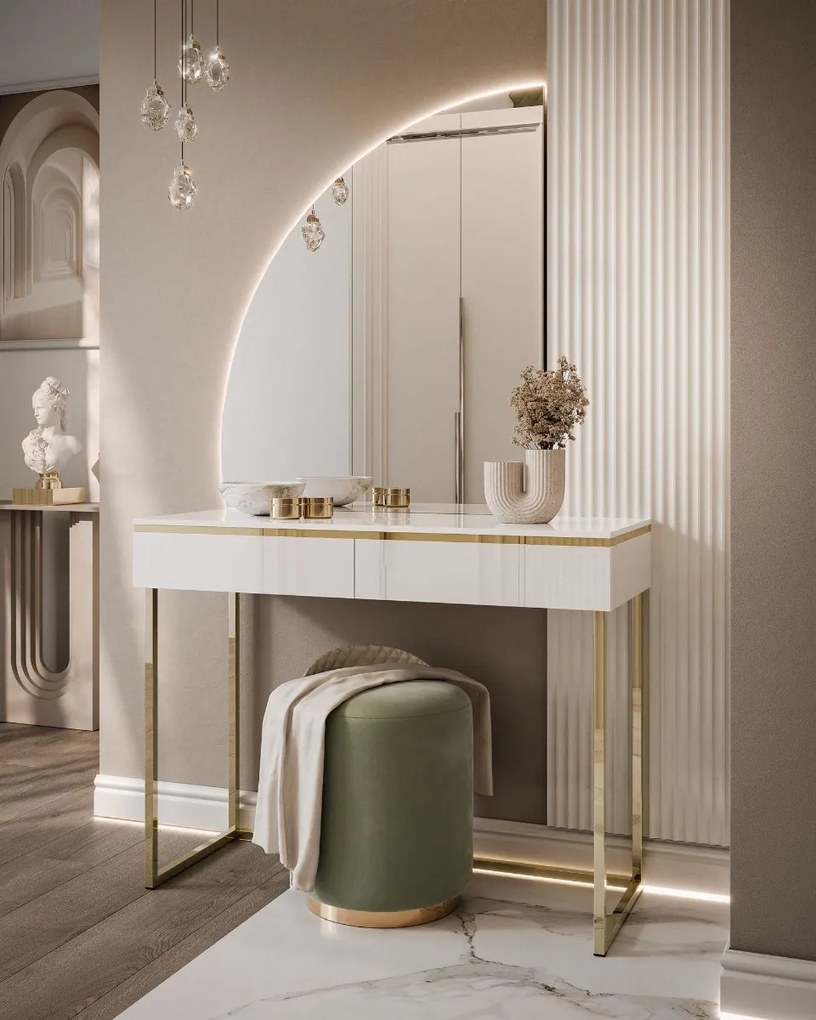 TOALETNÝ STOLÍK NESSIE BIELY LESK ĽAVÝ + ZLATÝ PODSTAVEC + ZRKADLO POLMESIAC