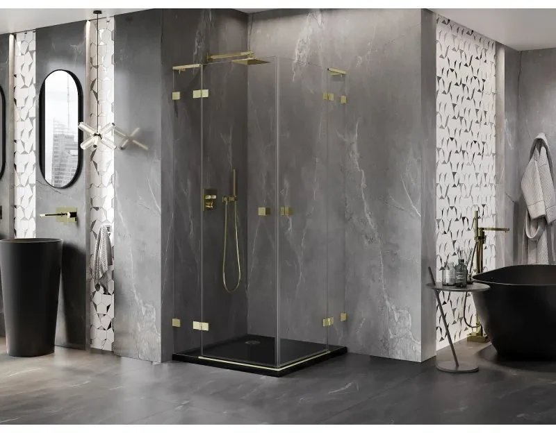 Mexen Lunar, L Duo výklopný sprchový kút 95 x 95 cm, 8mm číre sklo, zlatý matný profil, 834L-095L-095P-55-00