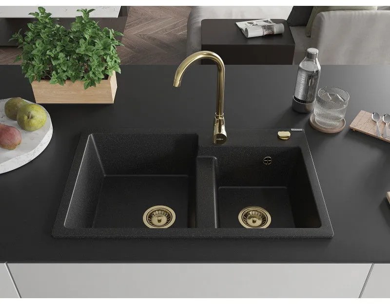 Mexen Tomas, granitový drez 800x500x190 mm, 2-komorový a zlatá batéria Telma, čierna-strieborná metalíza, 6516-73-670200-50