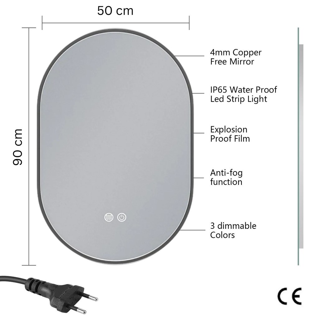 Erga Freya, oválne LED zrkadlo 50x90cm v čiernom kovovom ráme, 3 farby svetla, zadné osvetlenie, vyhrievacia podložka proti zapareniu, ERG-V01-FREYA-5090-BK
