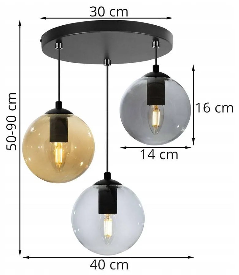Závesné svietidlo Paris, 3x sklenené tienidlo (mix 3 farieb), o