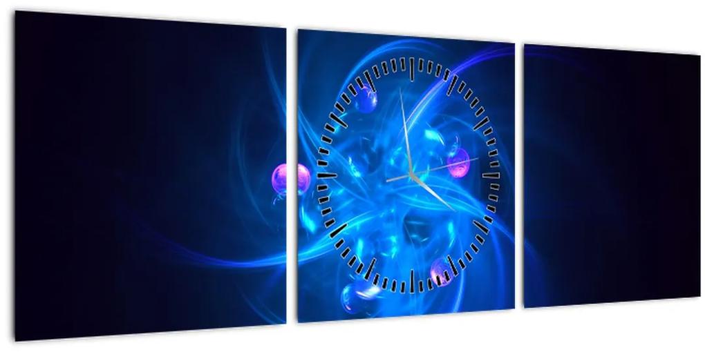 Moderný obraz modrej abstrakcie (s hodinami) (90x30 cm)