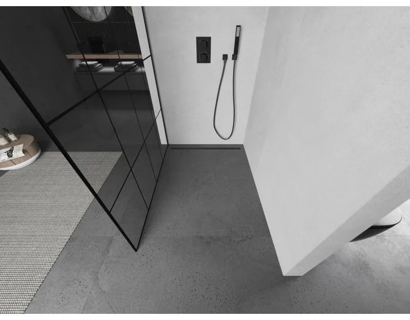 Mexen Kioto, sprchová zástena Walk-In 140 x 200 cm, 8mm číre sklo čierny vzor, grafitový profil, 800-140-101-95-77