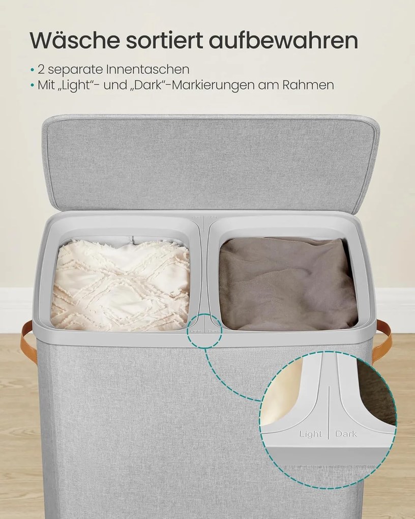 SONGMICS kôš na prádlo 170 L, 56 × 40 × 75 cm, šedý