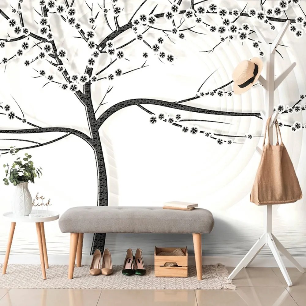 Samolepiaca tapeta moderný čiernobiely strom na abstraktnom pozadí