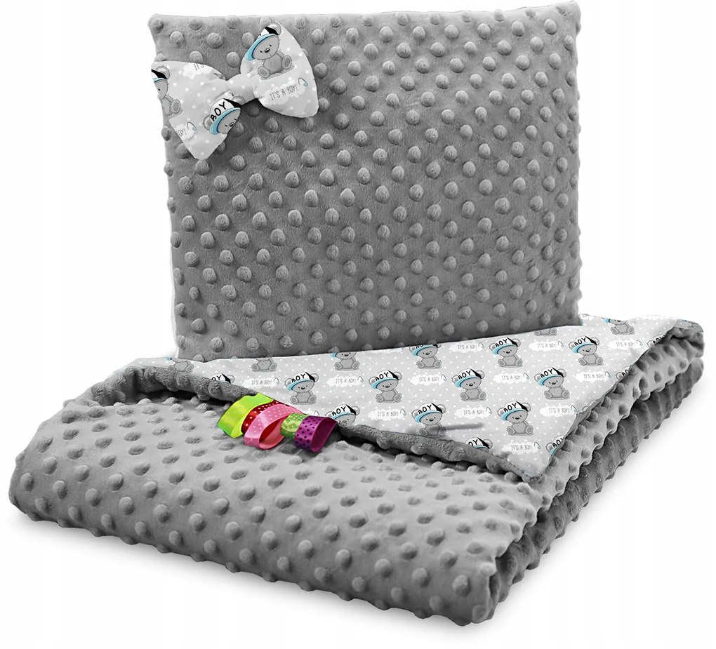 Detská deka do kočíka s vankúšikom a motýlikom - BABYMAM PREMIUM set 3v1 - Macko Little boy so sivou Minky