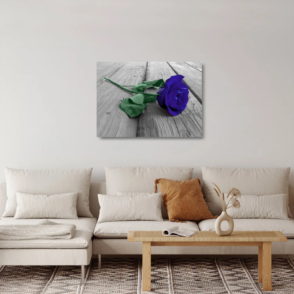Sklenený obraz - Modrá ruža so zelenou stonkou (70x50 cm)