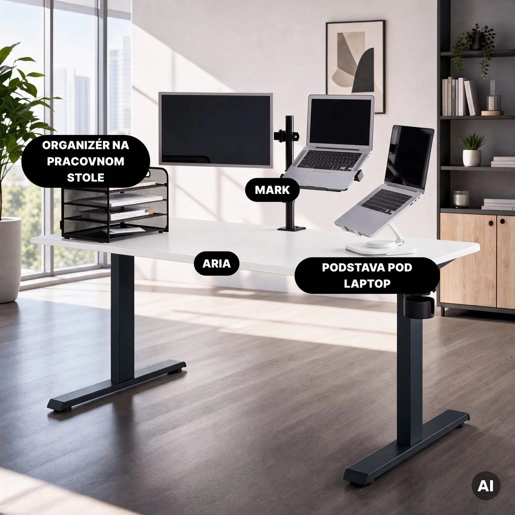 Elektrický stôl s nastavením výšky ergonomický antracitovo-bieli, 1600x800 mm: ARIA