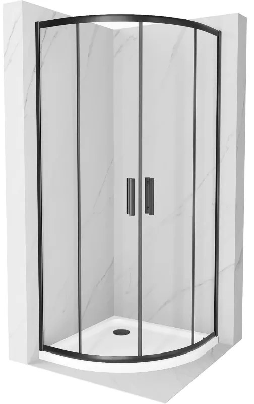 Mexen Rio, štvrťkruhový sprchovací kút s posuvnými dverami 90 x 90 cm, 6mm číre sklo, čierny profil + biela sprchová vanička, 863-090-090-70-00-4110B