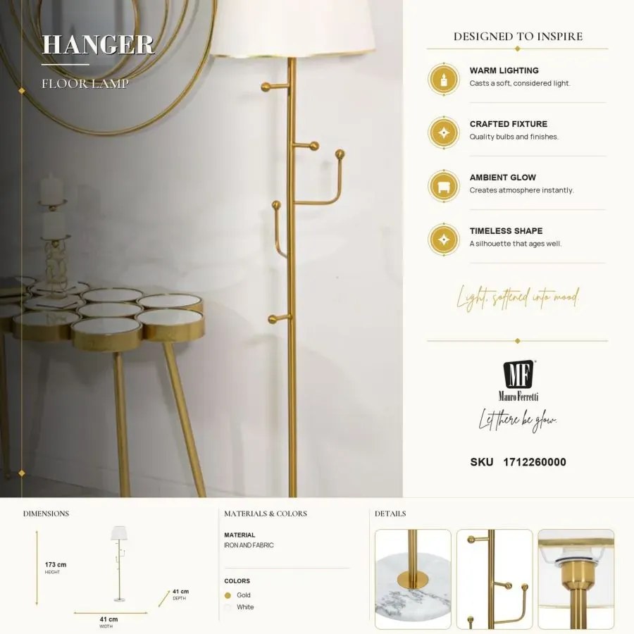 Stojacia lampa Hanger 173 cm zlatá/biela/mramor