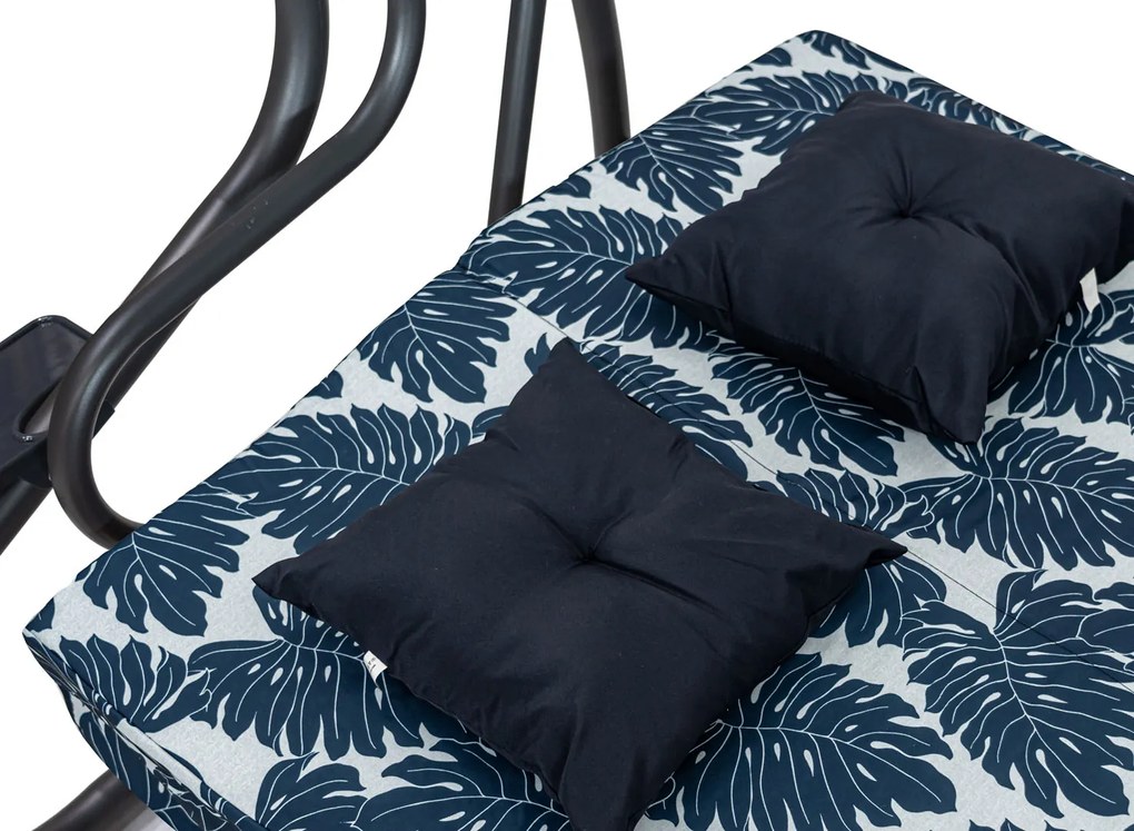 Záhradná hojdačka so strieškou, skladacia 2x1 so vzorom listov, námornícka modrá