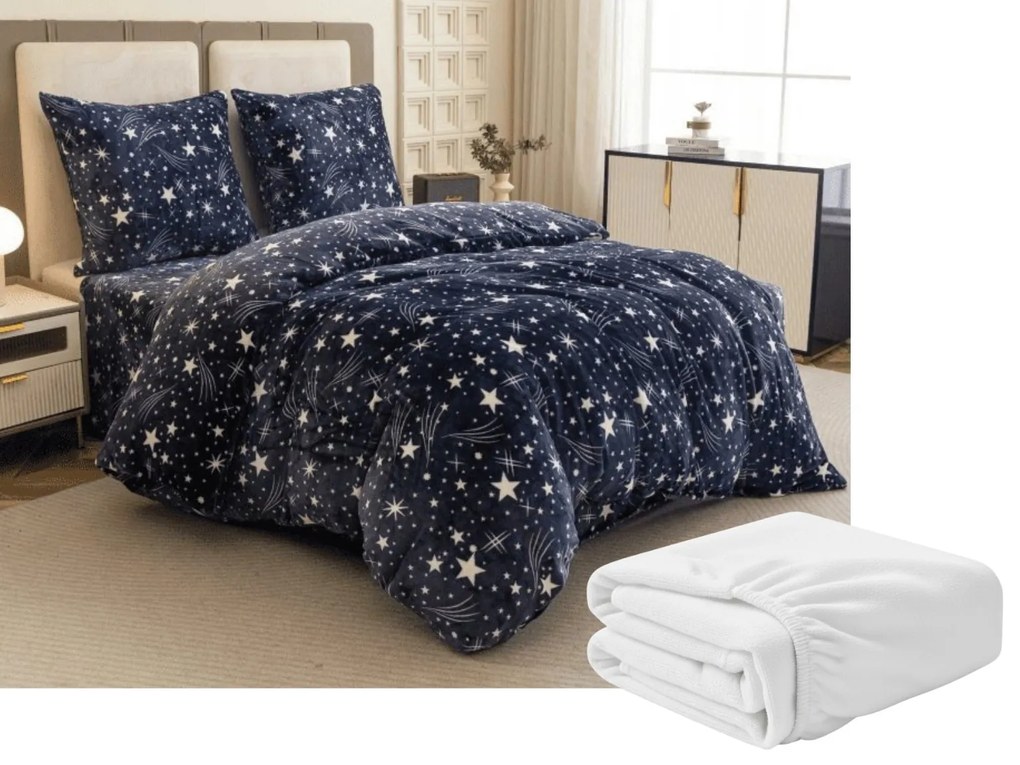 Sada mikroplyšových obliečok STARLIGHT tmavomodré + plachta mikroplyš SOFT 90x200 cm biela, jednolôžko