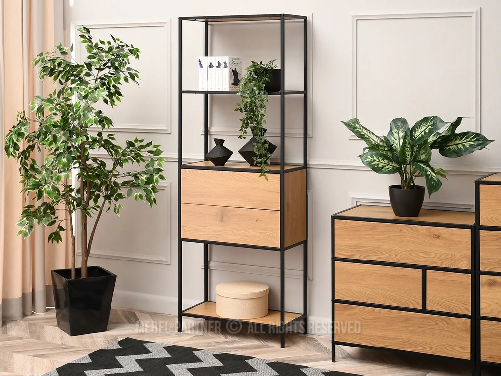 Regál Soren Reg (dub + čierna). Akcia -18%. Vlastná spoľahlivá doprava až k Vám domov. 1111379