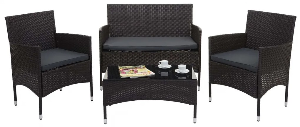 Záhradná súprava 2 kresiel, pohovky a stolíka HWC-F55 - hnedá, vankúše tmavosivá