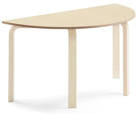 Stôl ELTON, polkruh, 1200x600x640 mm, linoleum - béžová, breza