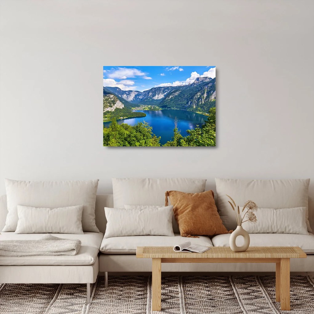 Sklenený obraz - Halštatské jazero, Hallstatt, Rakúsko (70x50 cm)