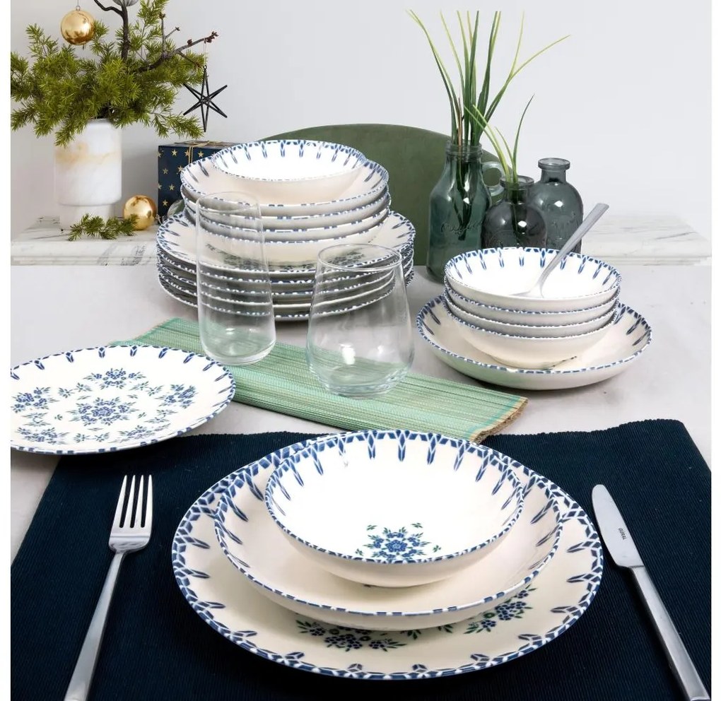 24-dielna jedálenská súprava biela/modrá/porcelán