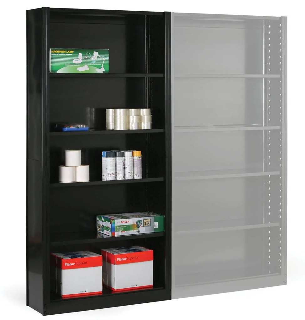 Plechový regál so zadnou stenou, 2100 x 1000 x 300 mm, čierny, prídavný