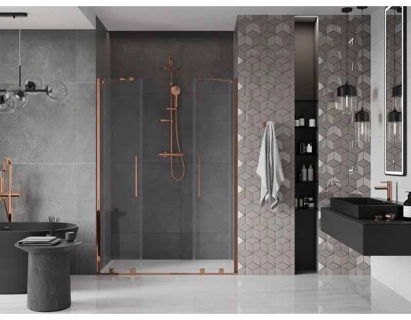 Mexen Velar Duo, posuvné dvere do otvoru 160x200 cm, 8mm číre sklo, ružové zlato, 871-160-000-02-60