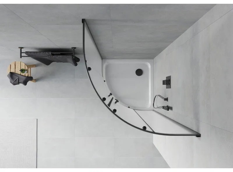 Mexen Rio, štvrťkruhový sprchovací kút s posuvnými dverami 80(dvere) x 80(dvere) x 190 cm, 6mm sklo námraza, čierny profil + biela sprchová vanička SLIM, 863-080-080-70-30-4110B