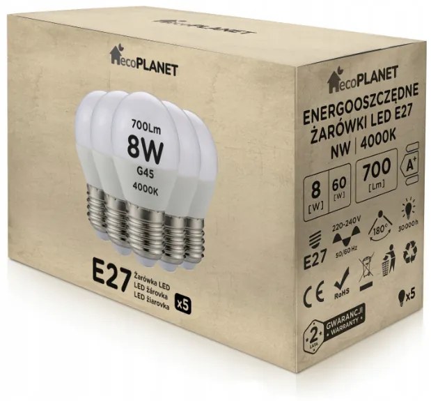 ecoPLANET 5x LED žiarovka E27 - G45 - 8W - 700lm - neutrálna biela