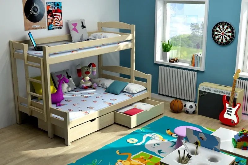 MAXMAX Detská poschodová posteľ s rozšíreným spodným lôžkom z MASÍVU 200x90cm so zásuvkou - PPS001 200x90 ÁNO