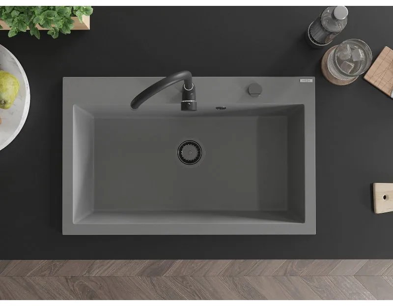 Mexen Elix, 1-korový granitový drez 800 x 500 mm, šedá, čierny sifón, 6527801005-71-B