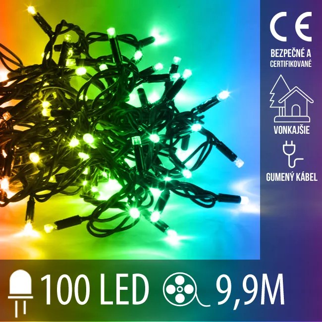 Vianočná led svetelná reťaz vonkajšia s gumeným káblom - 100led - 9,9m multicolour