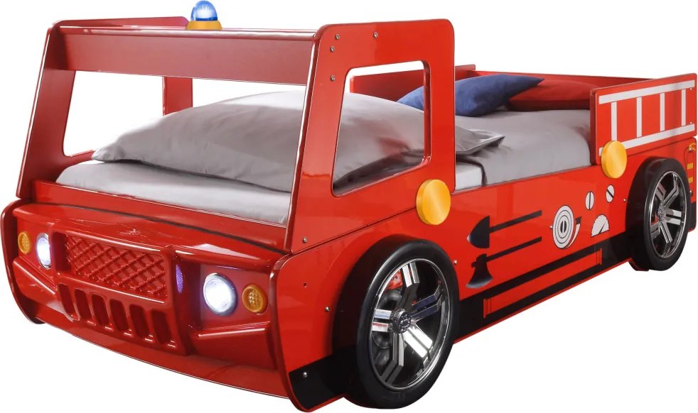 Detská posteľ Spark 90x200 cm, červené hasičské auto s osvetlením