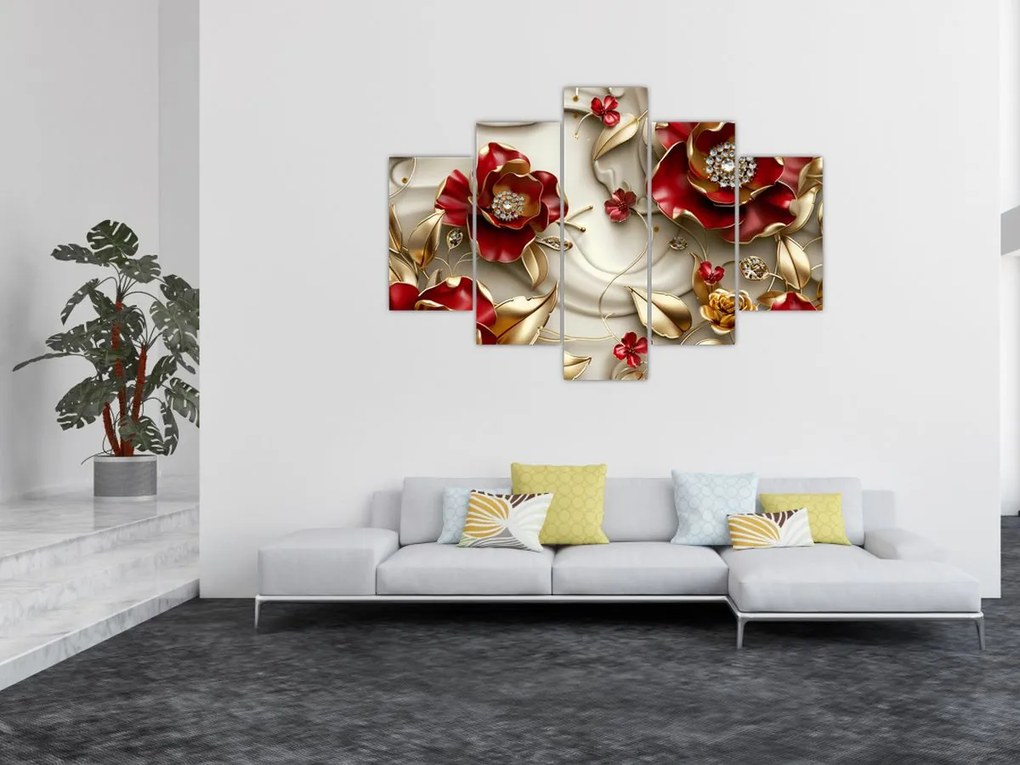 Obraz - 3D Červeno-zlaté kvety (150x105 cm)