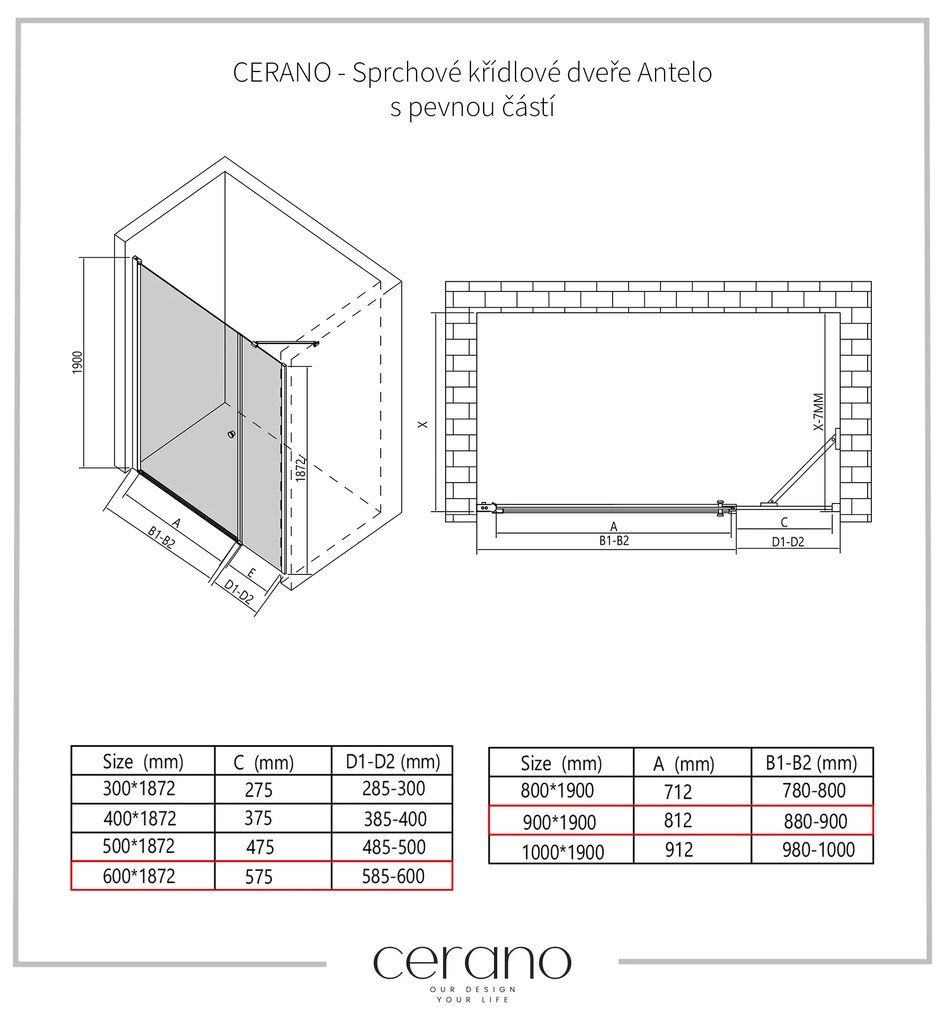 Cerano Antelo, 1-krídlové sprchové dvere s pevnou časťou 90(dvere) x 60(stena) x 190 cm, 6mm číre sklo, čierny profil, CER-CER-435815
