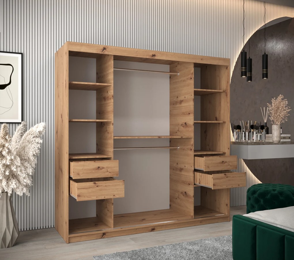 Šatníková skriňa 200 cm Milain (dub artisan). Akcia -19%. Vlastná spoľahlivá doprava až k Vám domov. 1126009