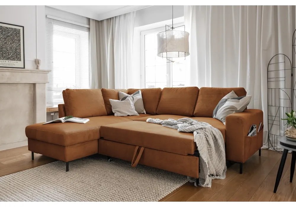 Oranžovohnedá menčestrová rozkladacia rohová pohovka (ľavý roh) Lofty Lilly – Miuform