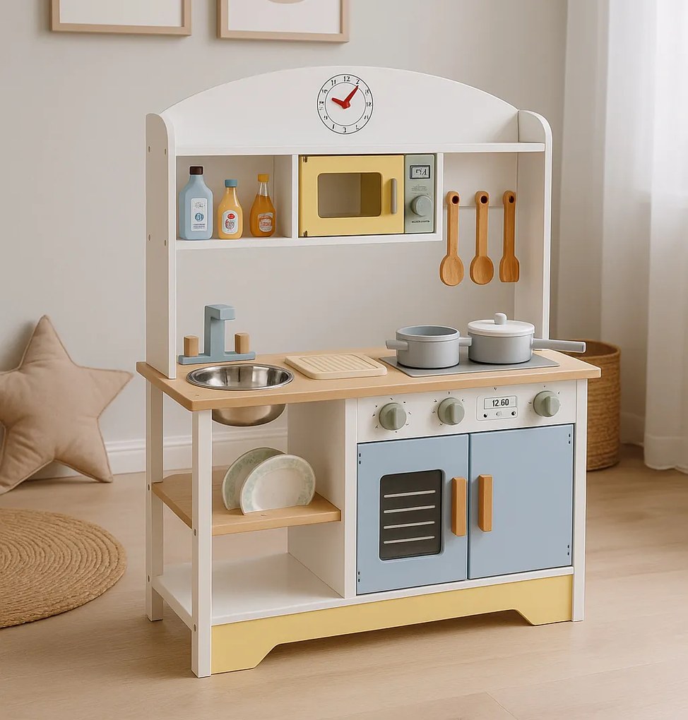 Detská kuchynka ECOTOYS drevená s rúrou, mikrovlnkou, práčkou a 12 doplnkami