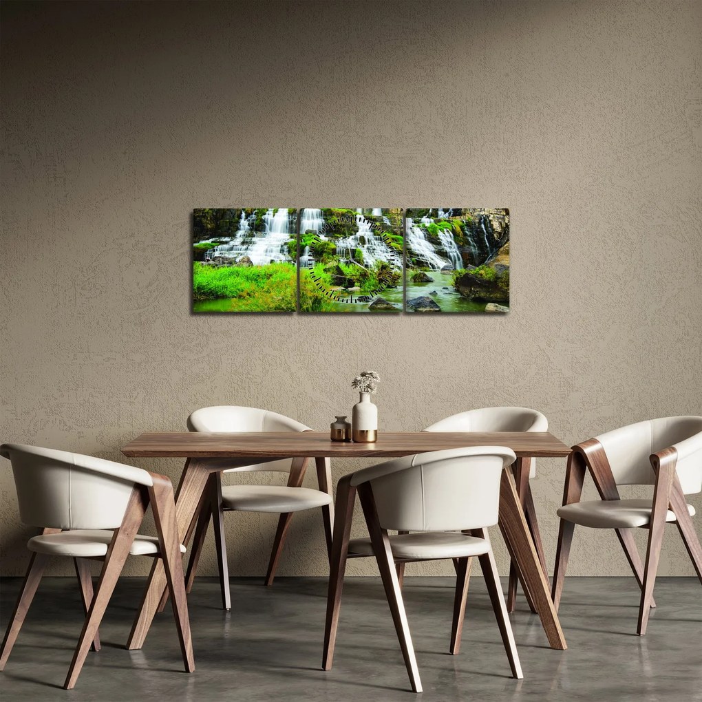 Obraz - vodopády so zeleňou (s hodinami) (90x30 cm)