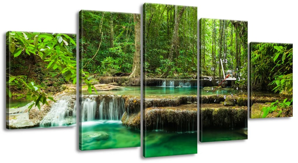 Gario Obraz s hodinami Vodopád Erawan v Thajsku - 5 dielny Rozmery: 150 x 70 cm