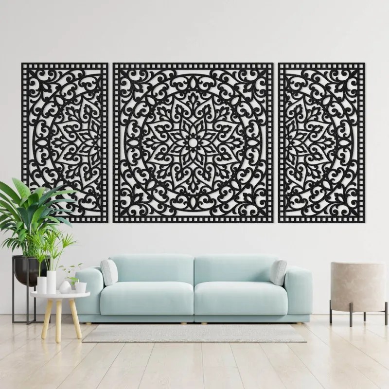 Drevená nástenná dekorácia trojdielna mandala do interiéru | SENTOP HDF0514-B